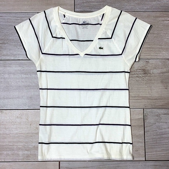LACOSTE   100% Pima Cotton V-Neck Striped Tee - Picture 2 of 6